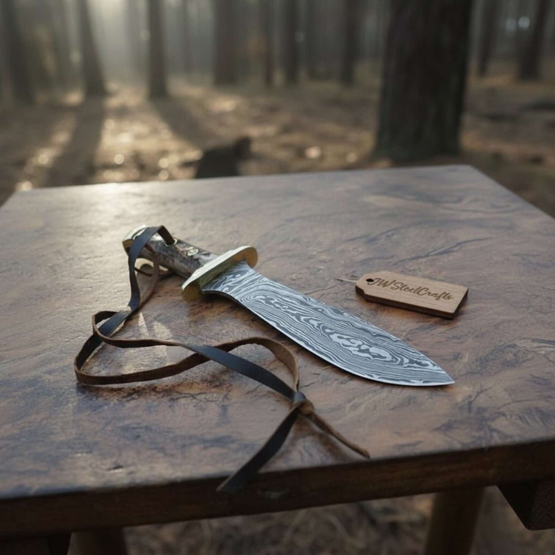 Handmade damascus steel knife with premium handle on dark surface