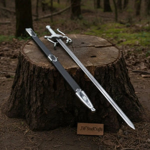 Full-length damascus steel replica sword with premium handle on dark background