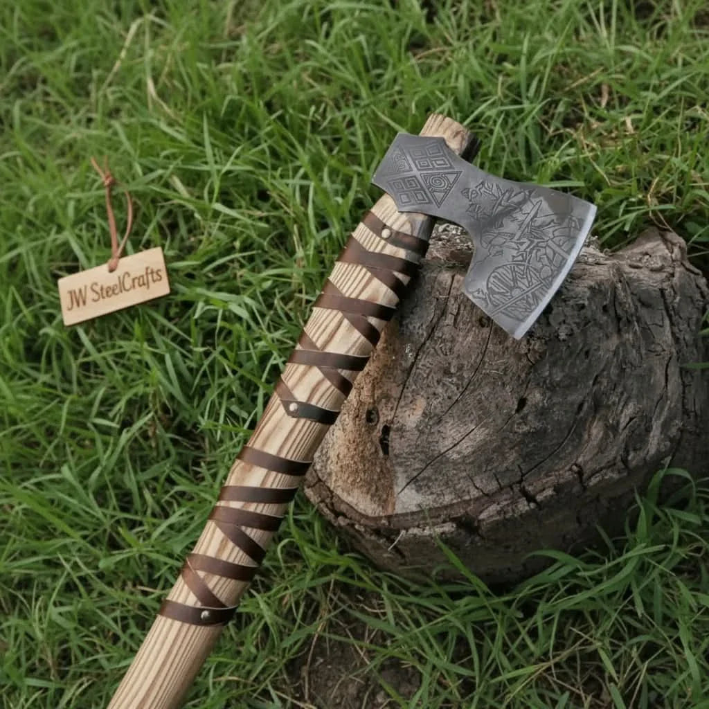Carbon steel steel axe head with premium handle on rustic wood surface