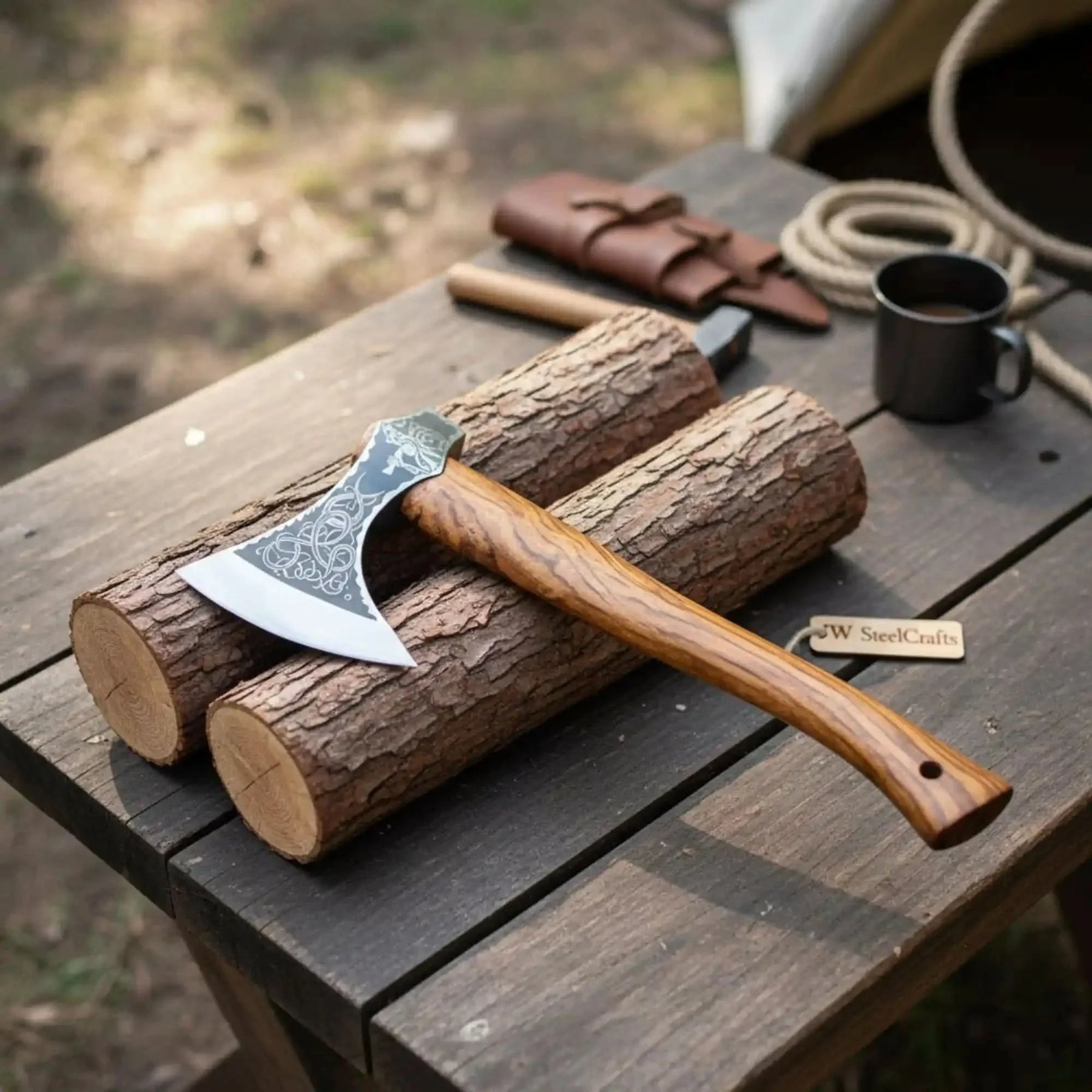 Damascus steel axe head with premium handle on rustic wood surface
