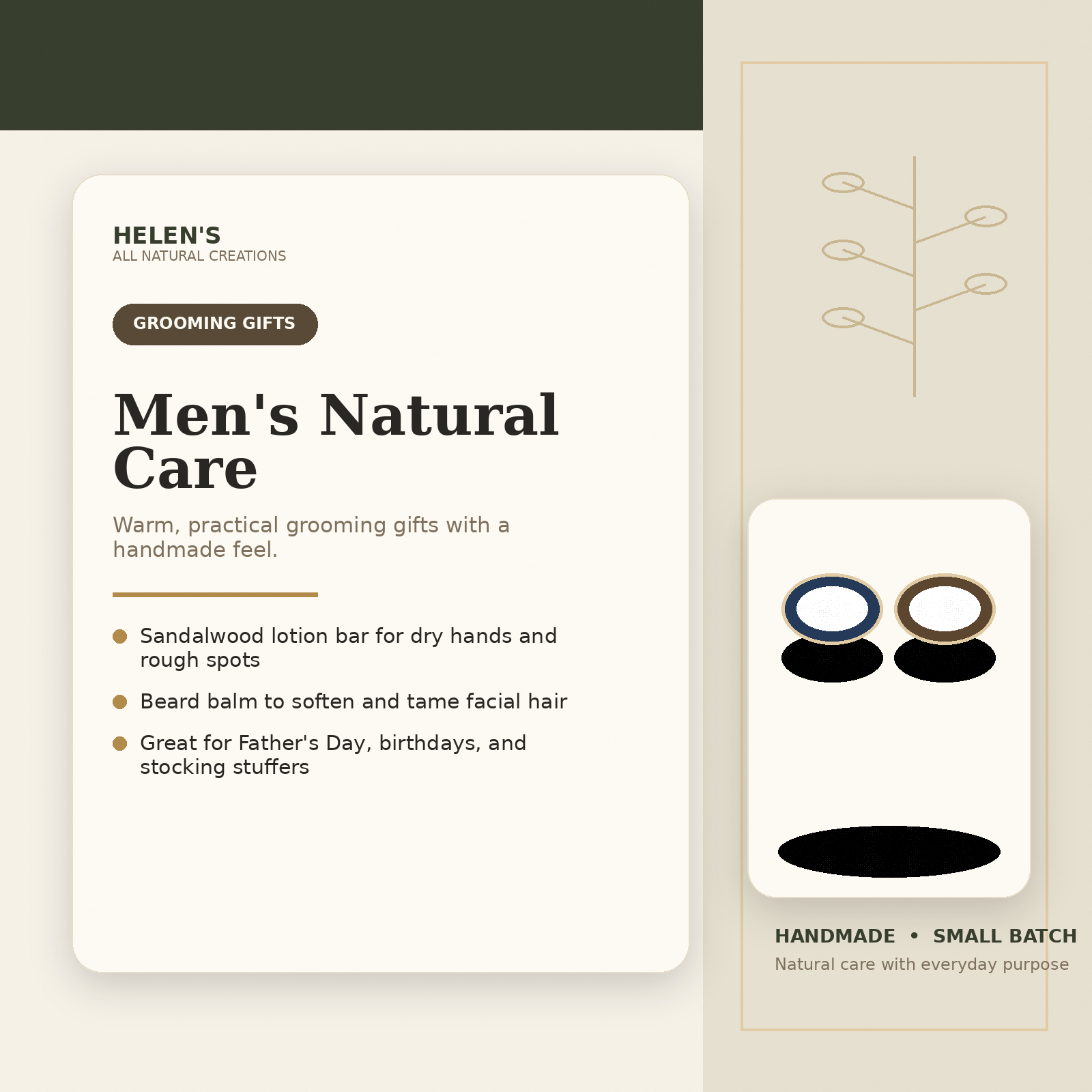 Helen’s All Natural Creations men’s natural care infographic for sandalwood lotion and beard balm