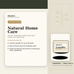 Helen’s All Natural Creations natural home care infographic for laundry powder and stain remover