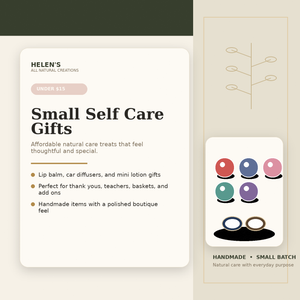 Helen’s All Natural Creations small natural gifts infographic for lip balm car diffuser and mini gifts