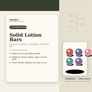 Helen’s All Natural Creations solid lotion bar infographic explaining mess free natural moisture