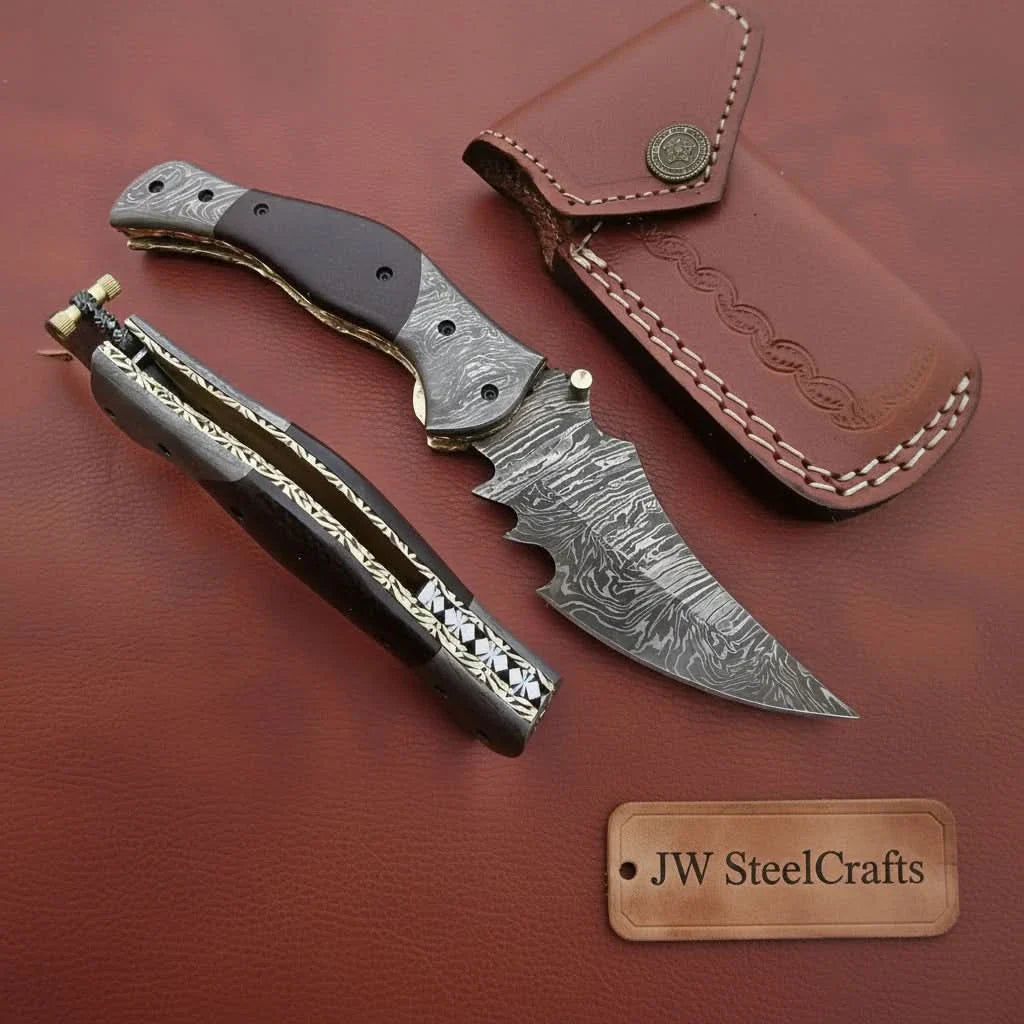 Handmade Damascus Folding Knife with Dark Wood Handle & Spine Jimping – Custom EDC Pocket Knife by JW SteelCrafts by JW SteelCrafts