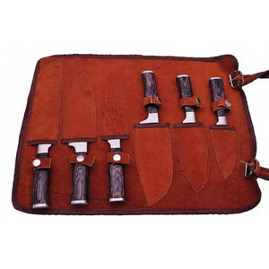 6-Piece Damascus Kitchen Knife Set — Black Wood Handles, Steel Bolsters, Bread, Slicer, Chef, Santoku, Utility & Paring with Leather Roll