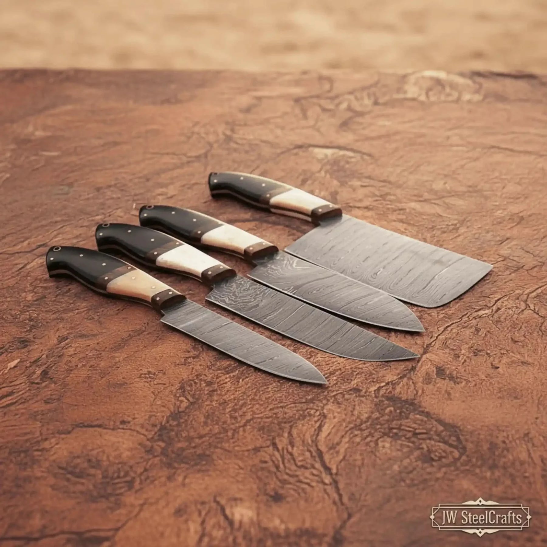 4-piece high-carbon Damascus butcher knife set – bone and horn handle with brass pins by JW SteelCrafts