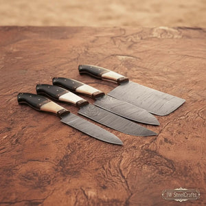4-piece high-carbon Damascus butcher knife set – bone and horn handle with brass pins by JW SteelCrafts