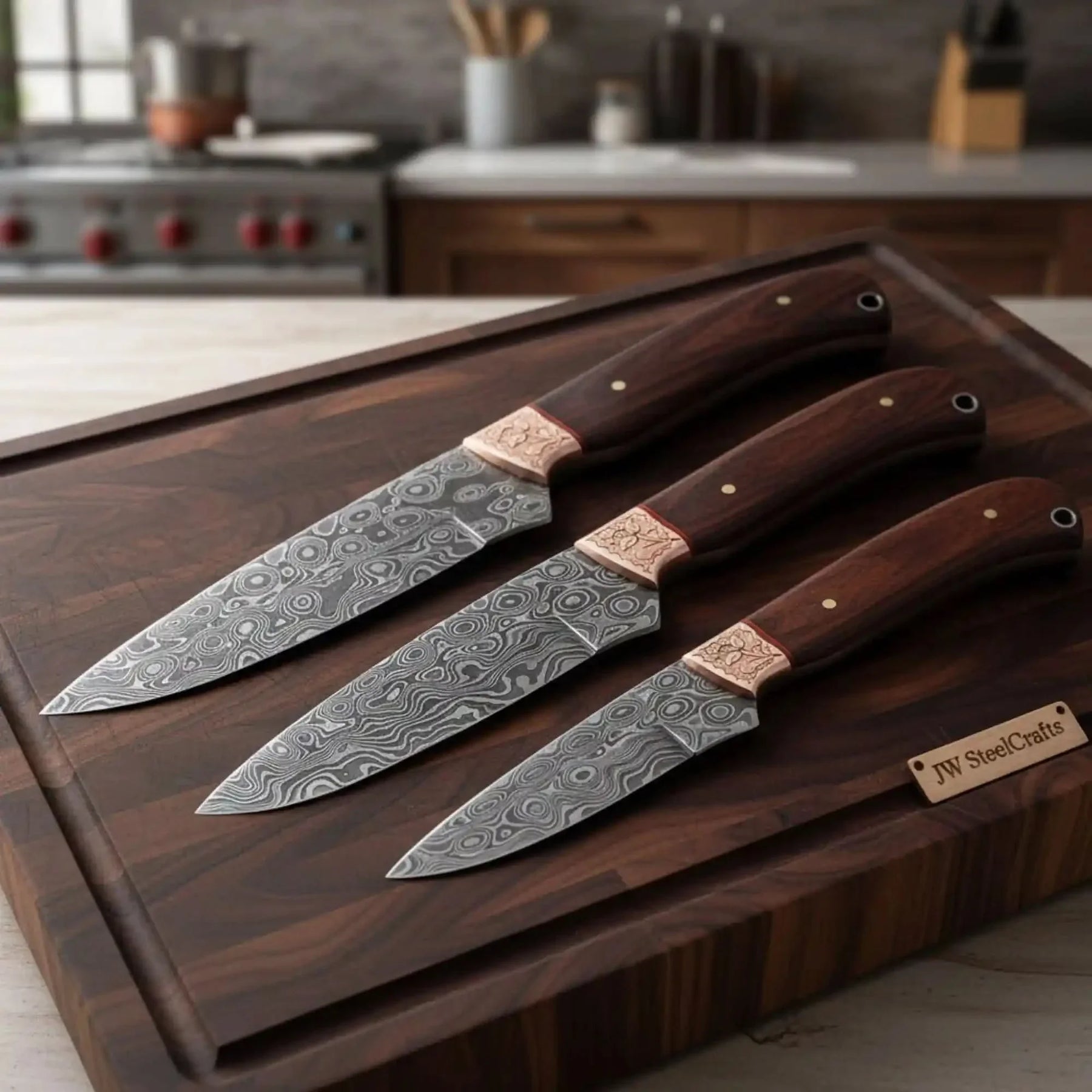 Handmade damascus steel knife with wood handle on dark surface