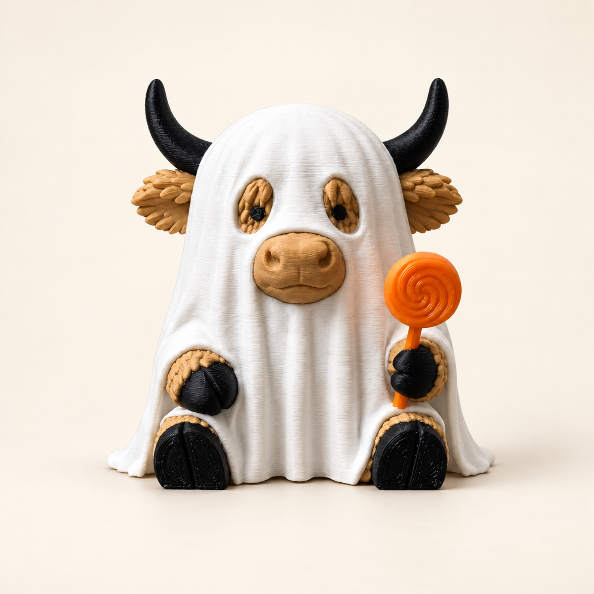 Highland cow ghost Halloween figurine holding an orange lollipop