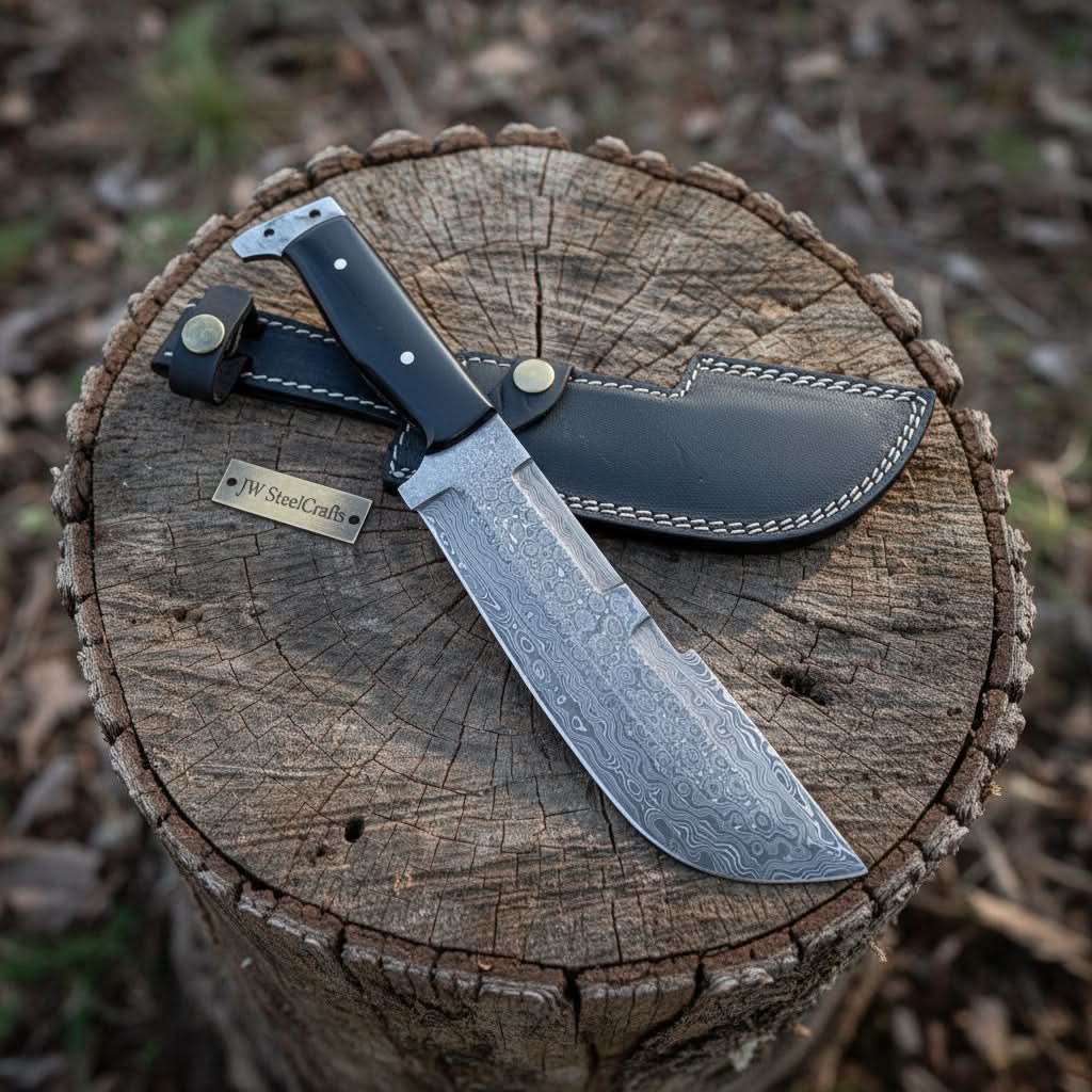 Handmade damascus steel knife with horn handle on dark surface