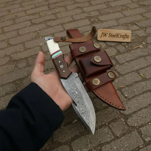 10-Inch Damascus Gut Hook Hunting Knife — Bone, Turquoise Resin & Rosewood Handle