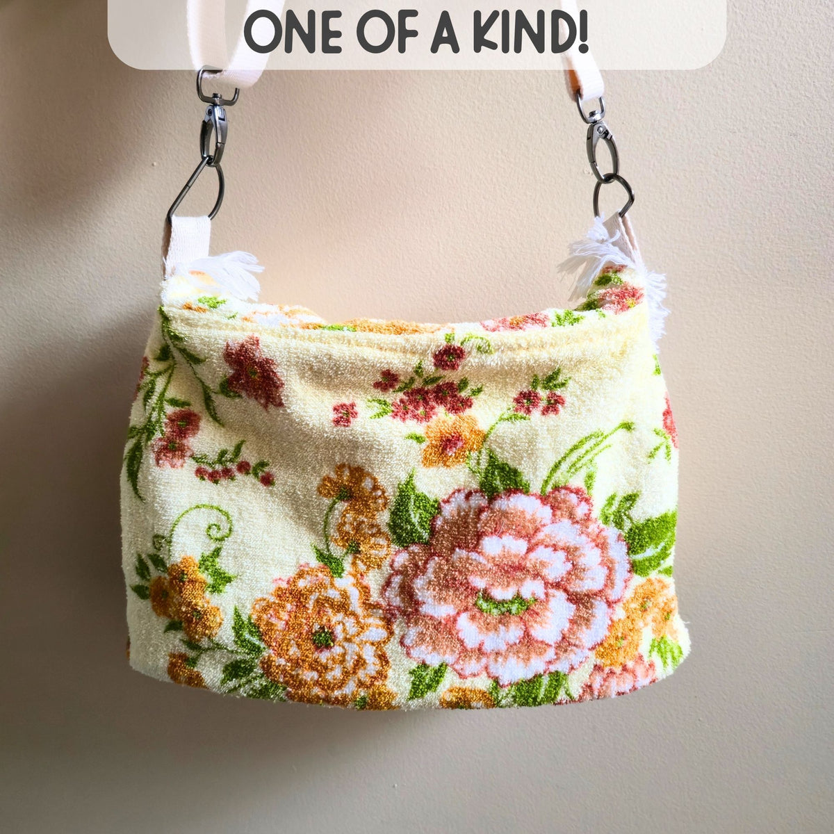 Upcycled vintage floral towel crossbody bag by Maypop House Designs — detail view 2