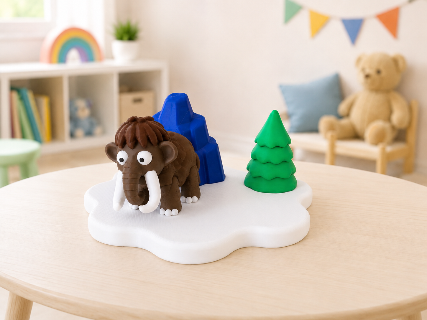 Tabletop view of 3D printed Ice Age wooly mammoth playset