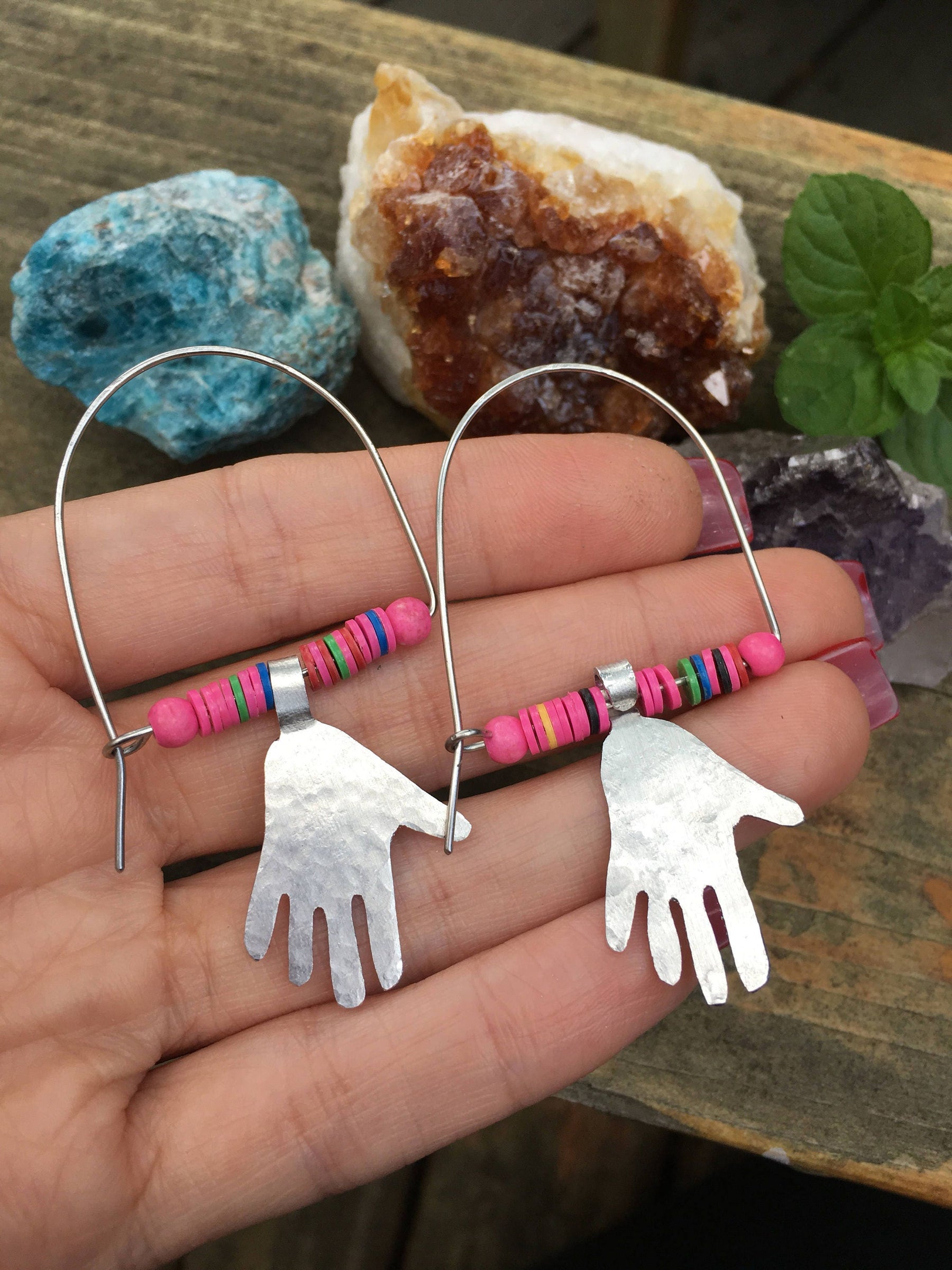 Handmade Hoop Earrings, Pink Vinyl Beads, Aluminum Hand Charms