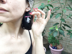Handmade Hoop Earrings, Pink Vinyl Beads, Aluminum Hand Charms