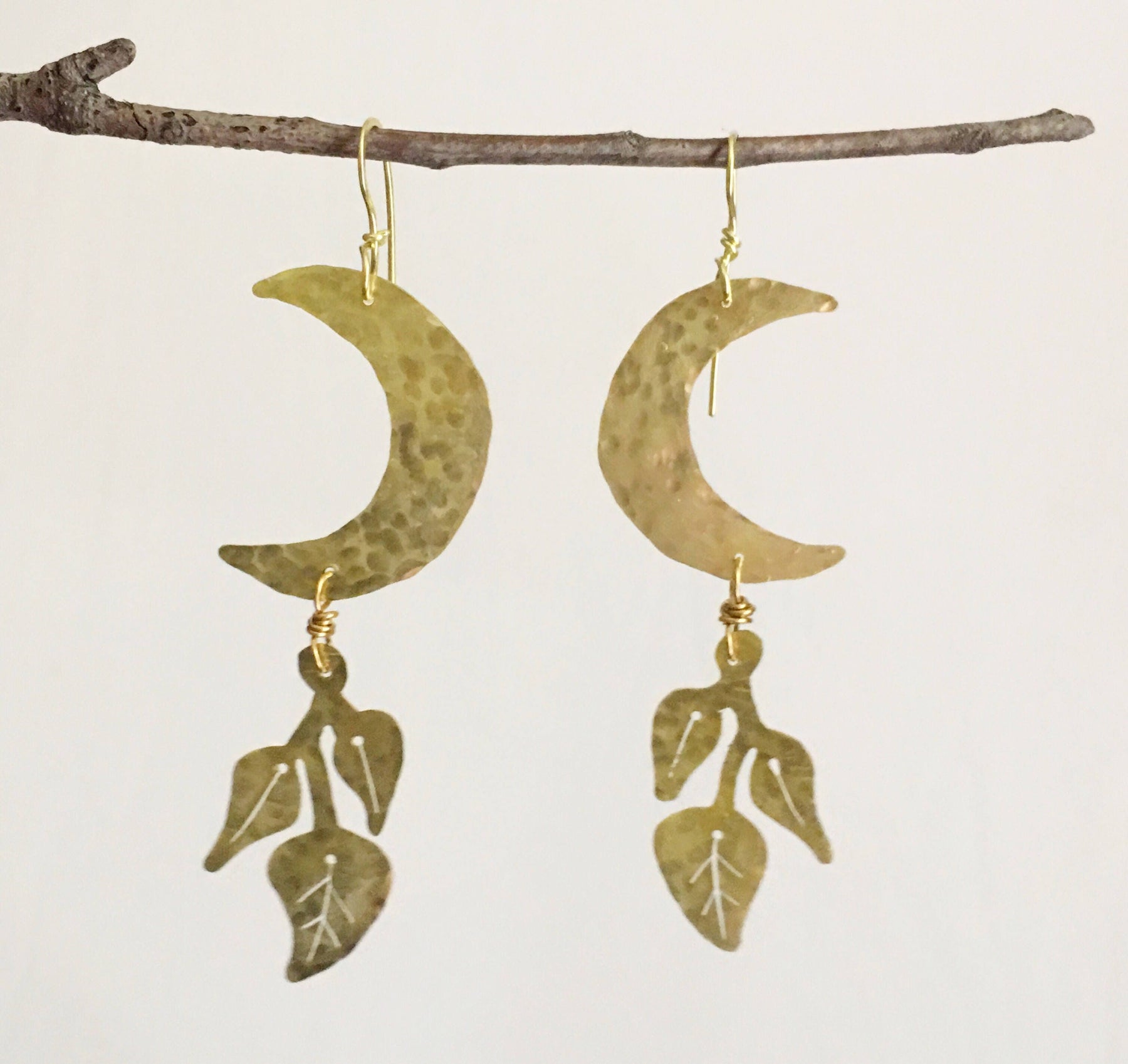 Handmade Crescent Moon Earrings: Hammered Brass Lunar Plant Jewelry