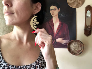 crescent moon and leaf earrings, Luna garden earrings