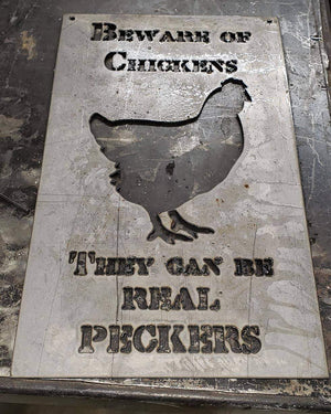 Beware of Chickens They Can Be Real Peckers Metal Sign – Hen Farmhouse Wall Art – Funny Backyard Coop Décor – 18"x11" Plasma Cut Steel