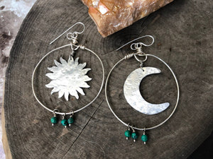 Handmade Sun and Moon Hoop Earrings: Turquoise Celestial Jewelry