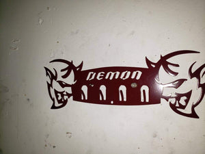 Dodge Demon Muscle Car Key Hanger – Steel Wall Mounted 4-Hook Key Rack – Garage Organizer 12"x4"