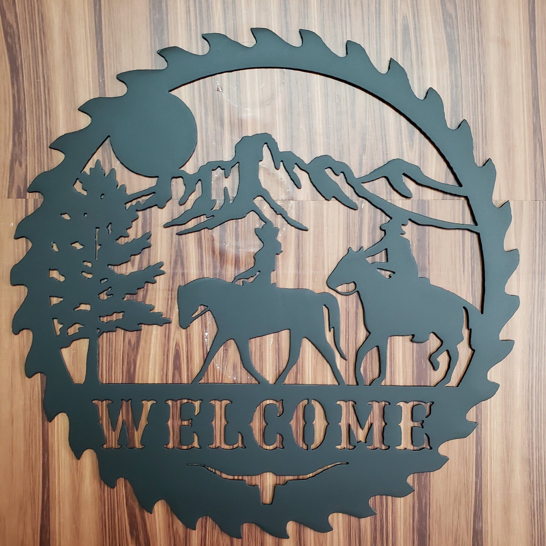Sawblade Cowboy Horse Welcome Sign, Rustic Metal Farmhouse Home Decor, Outdoor Western Porch or Garden Plaque