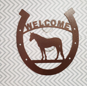 Horse Welcome Sign for Home, Horseshoe Wall Plaque, Country House or Stable Farmhouse Decor, Equestrian Gift, Metal Art