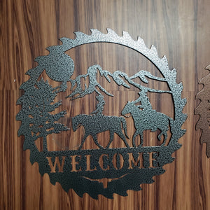 Sawblade Cowboy Horse Welcome Sign, Rustic Metal Farmhouse Home Decor, Outdoor Western Porch or Garden Plaque