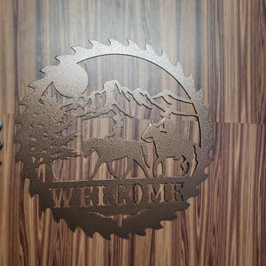 Sawblade Cowboy Horse Welcome Sign, Rustic Metal Farmhouse Home Decor, Outdoor Western Porch or Garden Plaque