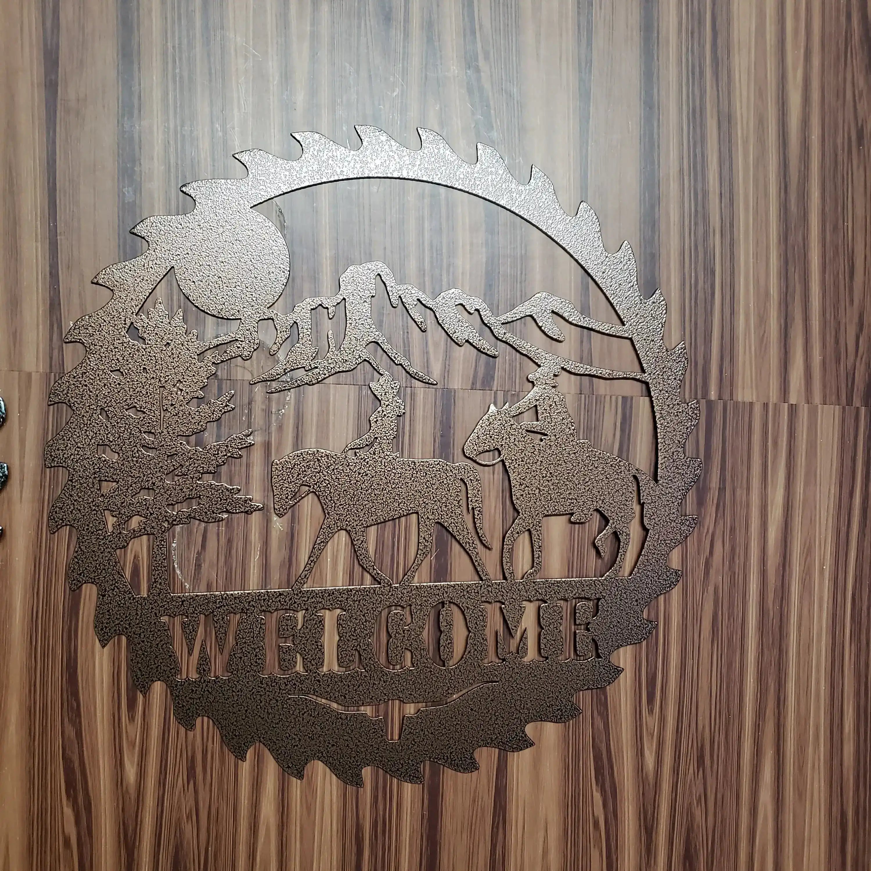 Sawblade Cowboy Horse Welcome Sign, Rustic Metal Farmhouse Home Decor, Outdoor Western Porch or Garden Plaque