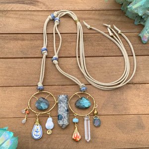 Handmade Ceramic Bead Necklace: Labradorite, Ruby, Opal, Vegan Suede