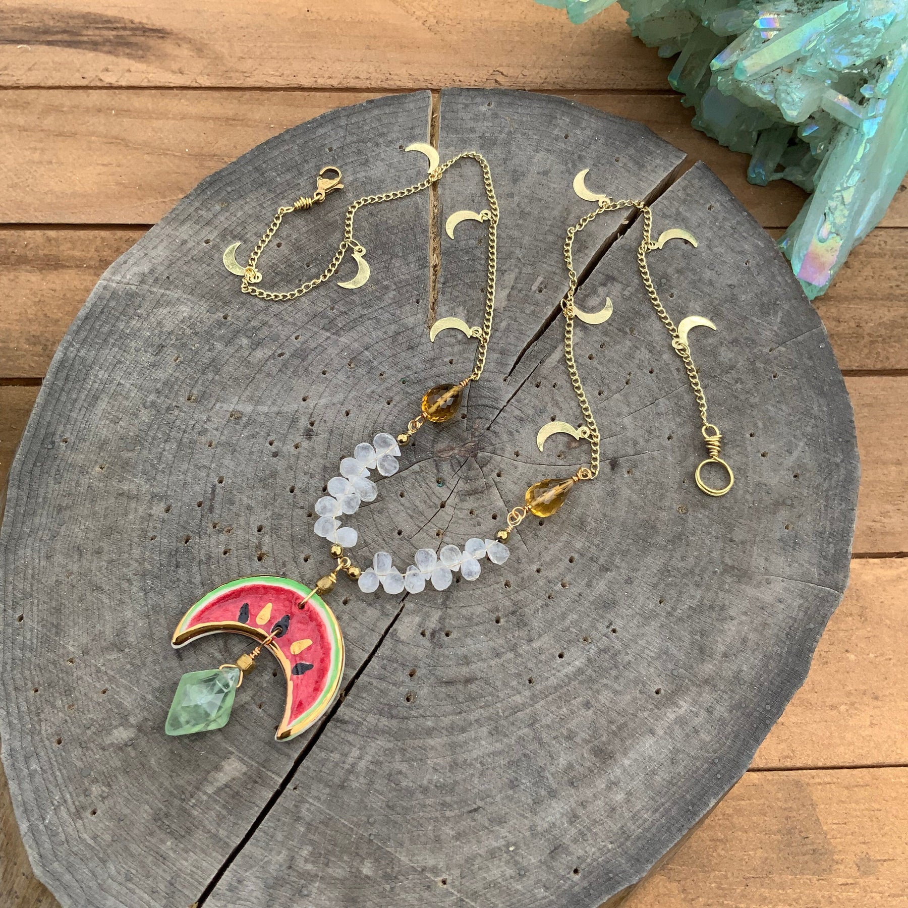 Handmade Ceramic Watermelon Necklace: Moonstone, Citrine & Prehnite