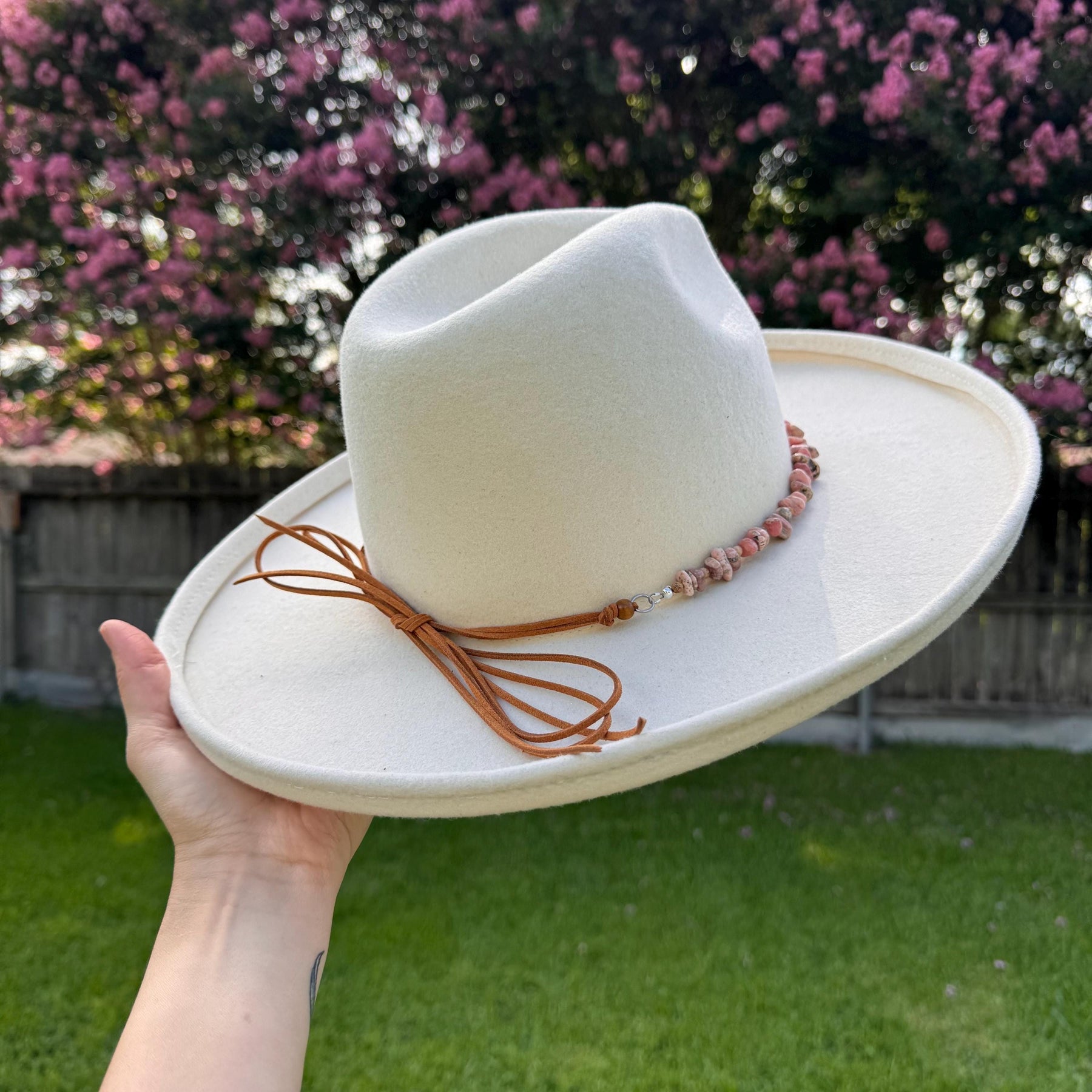 Rhodochrosite & Picture Jasper Hat Band: Vegan Suede Cord