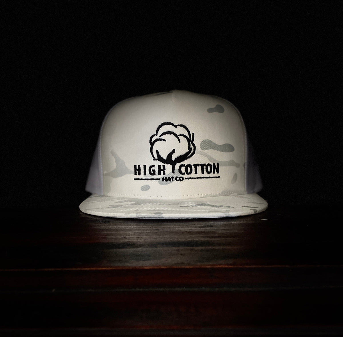 Deep South White Camo Flat Bill Hat by High Cotton Hat Co in Texas