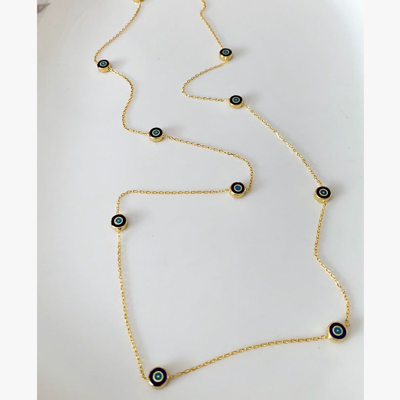 Delilah Evil Eye Station Necklace - 24" Long | Navy | Gold Vermeil