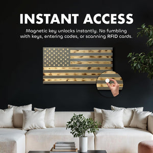 Large American Flag Gun Safe - Quick Access Hidden Gun Safe for Rifles, Shotguns, & Handguns - Gun Concealment Furniture with Magnetic Lock - Gun Self Hidden Storage (Gray)
