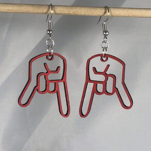 Inverted Hand Sign Wooden Dangle Earrings | Rock Gesture Jewelry