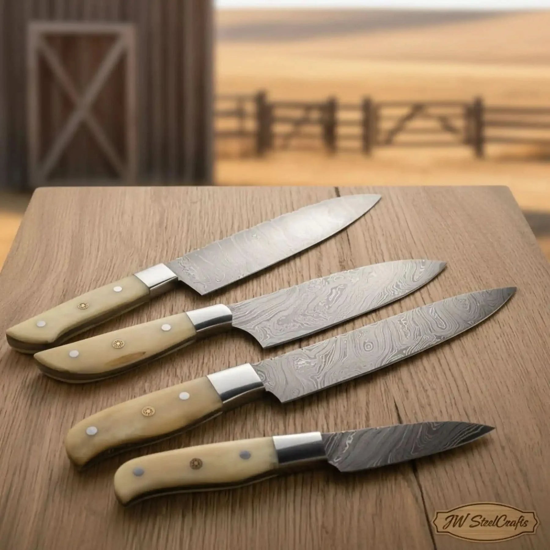 Handmade damascus steel knife with bone handle on dark surface