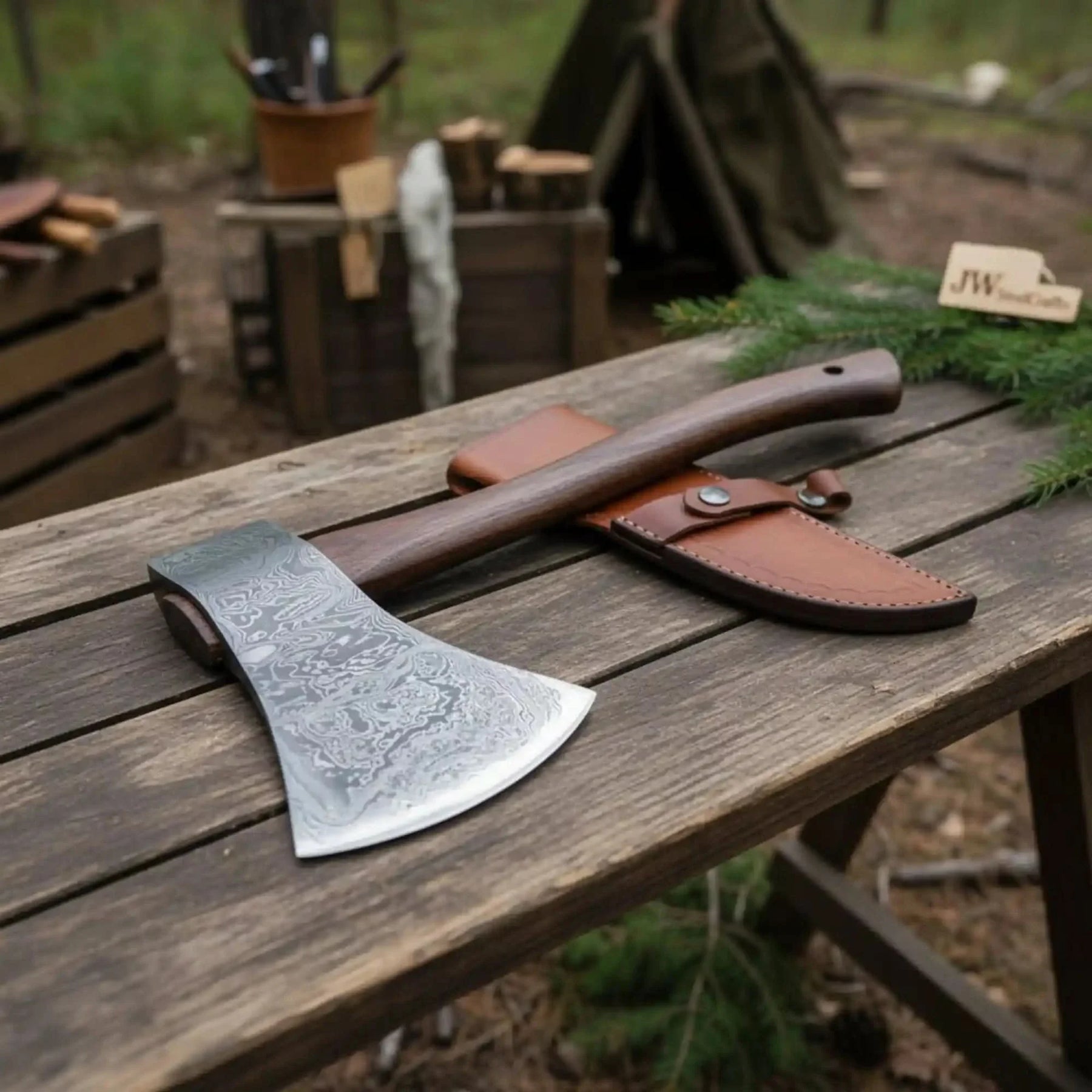 Damascus steel axe head with premium handle on rustic wood surface