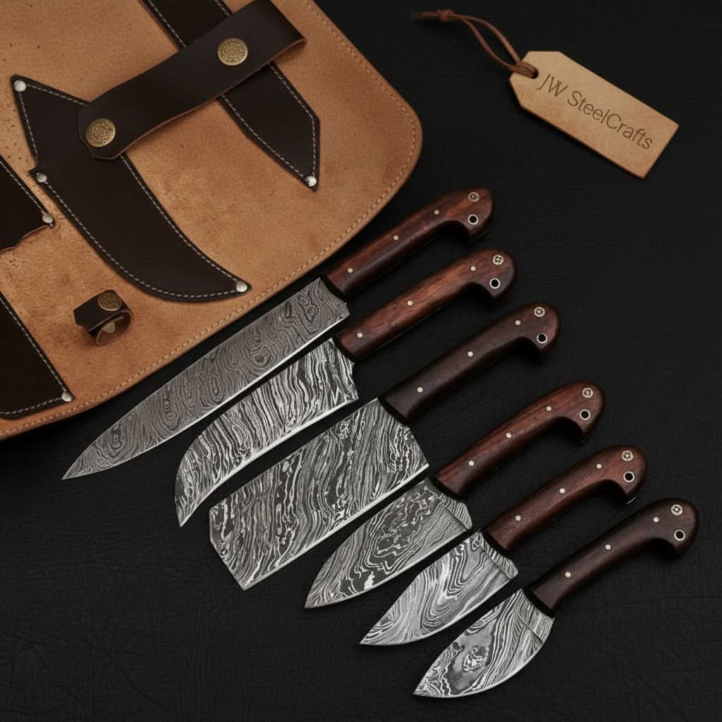 Handmade damascus steel knife with leather handle on dark surface