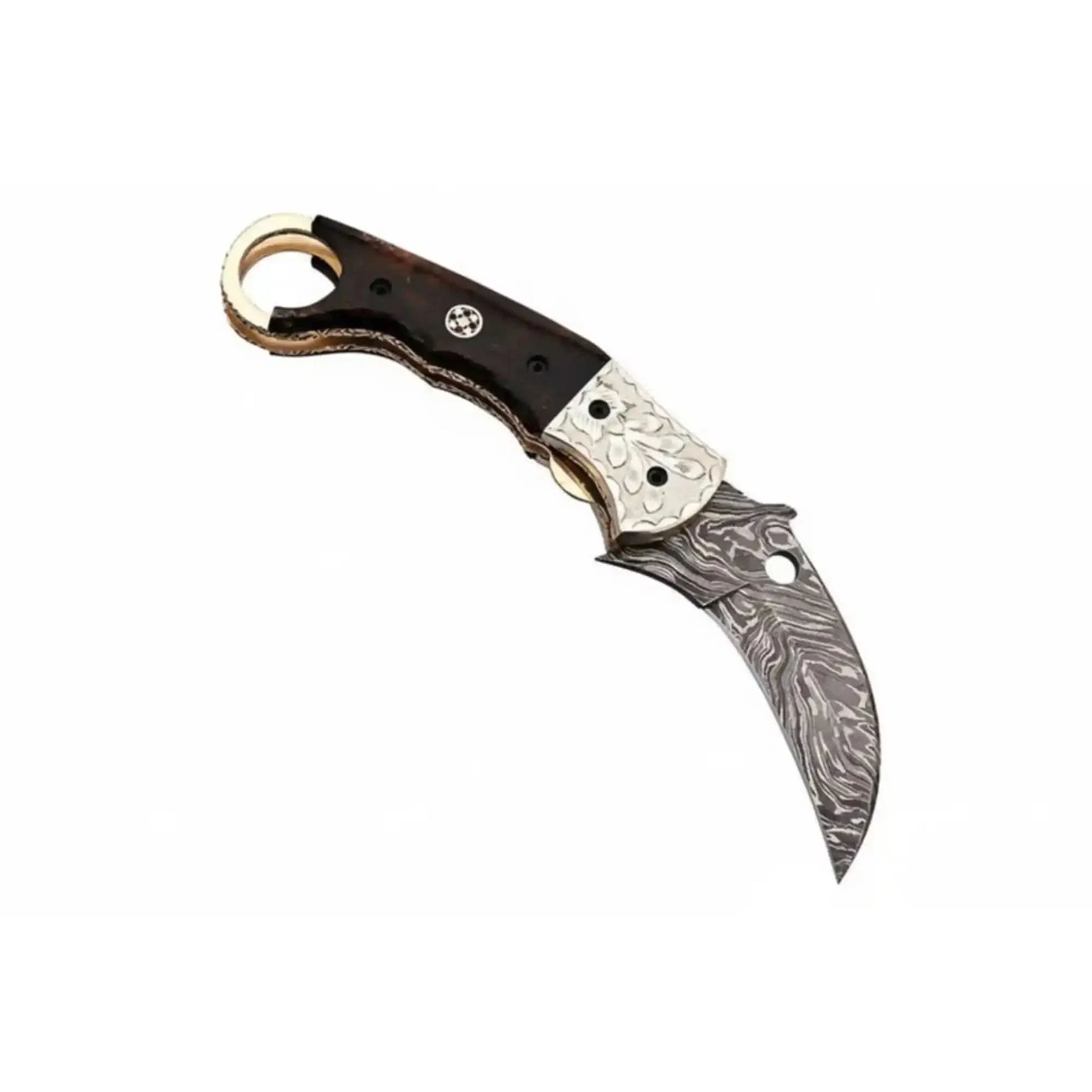 Handmade Damascus Folding Karambit Knife with Ring Handle, Dark Wood Grip & Engraved Bolster by JW SteelCrafts