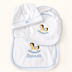 Embroidered white and blue baby gift set