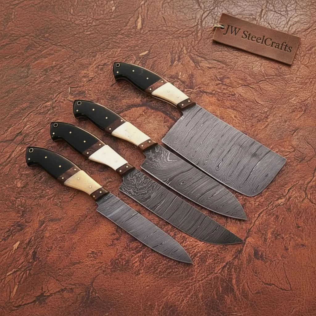Handmade damascus steel knife with wood handle on dark surface