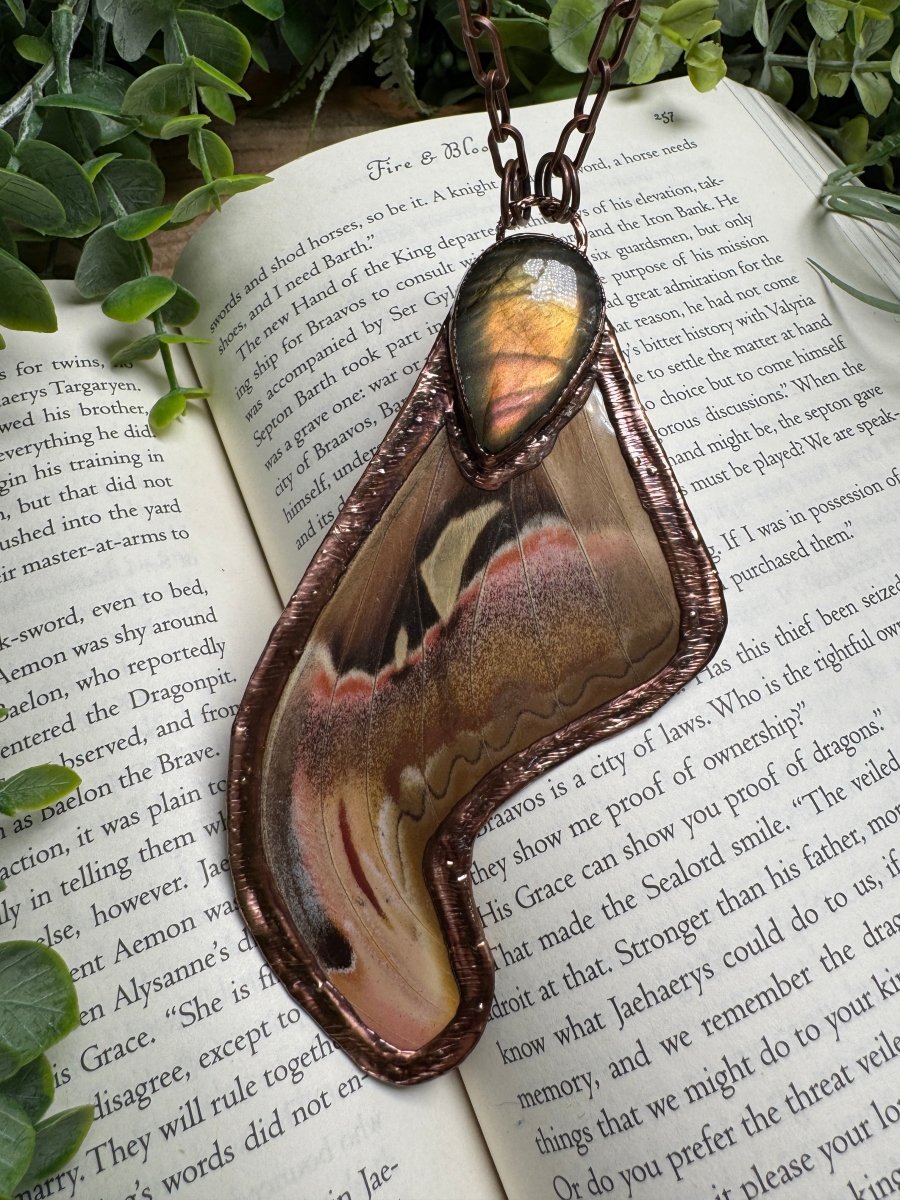 Labradorite and Giant Atlas Moth Wing Necklace