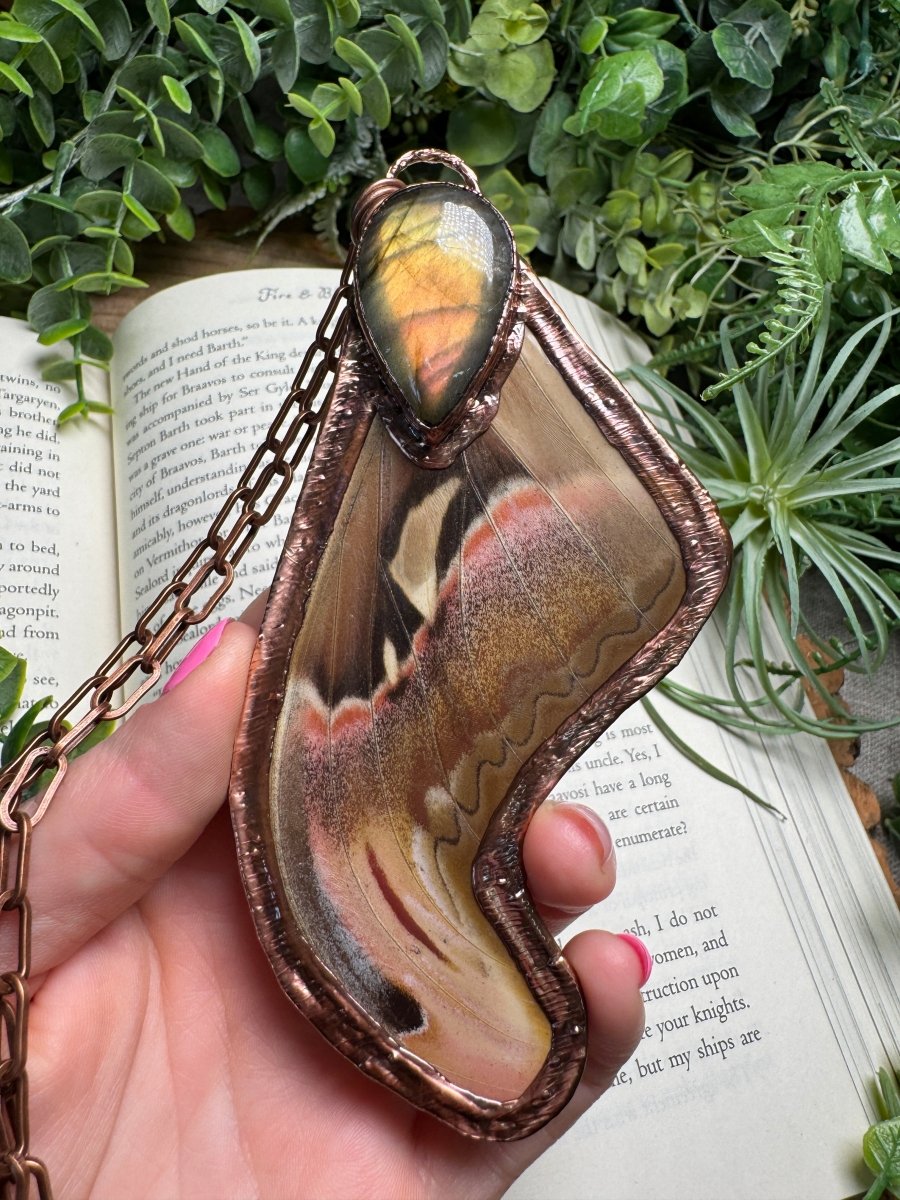 Labradorite and Giant Atlas Moth Wing Necklace