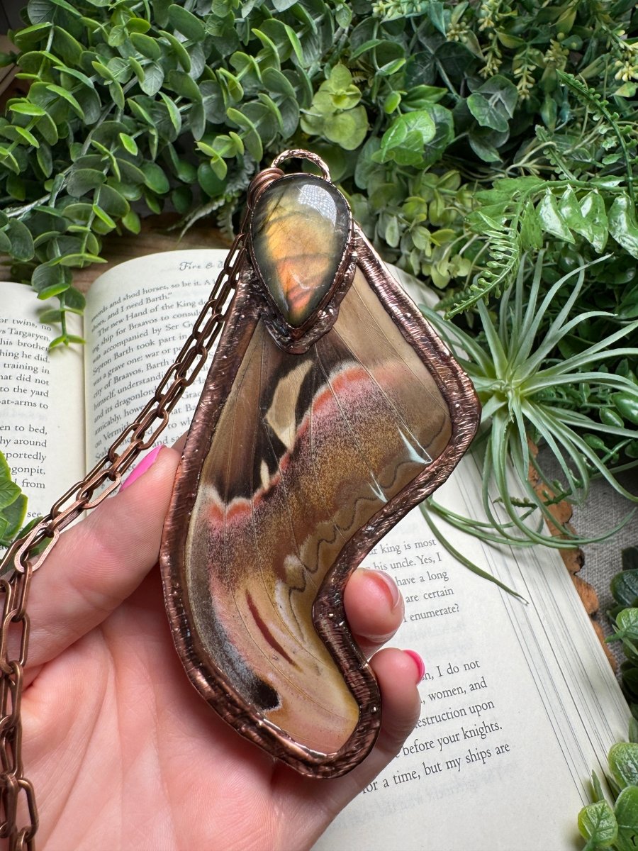 Labradorite and Giant Atlas Moth Wing Necklace