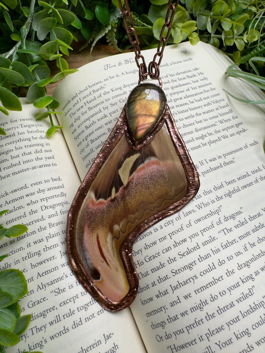 Labradorite and Giant Atlas Moth Wing Necklace