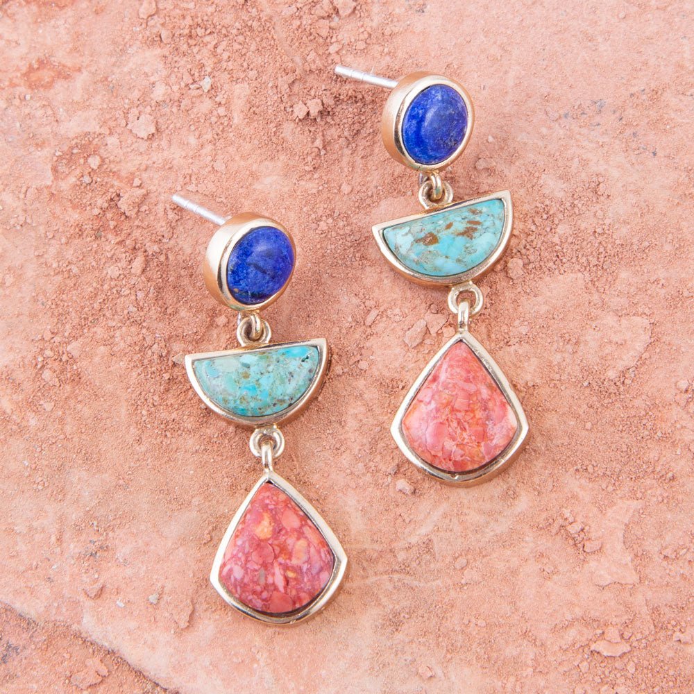 Blue Lapis Turquoise and Orange Sponge Coral Colorful Golden Drop Earrings detail view by Barse Jewelry
