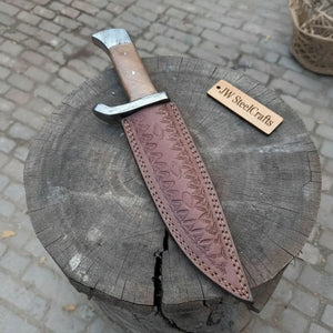 14-Inch Damascus Frontier Bowie Knife — 9-Inch Blade, Lace Wood Coffin Handle, Steel Guard & Tooled Leather Sheath