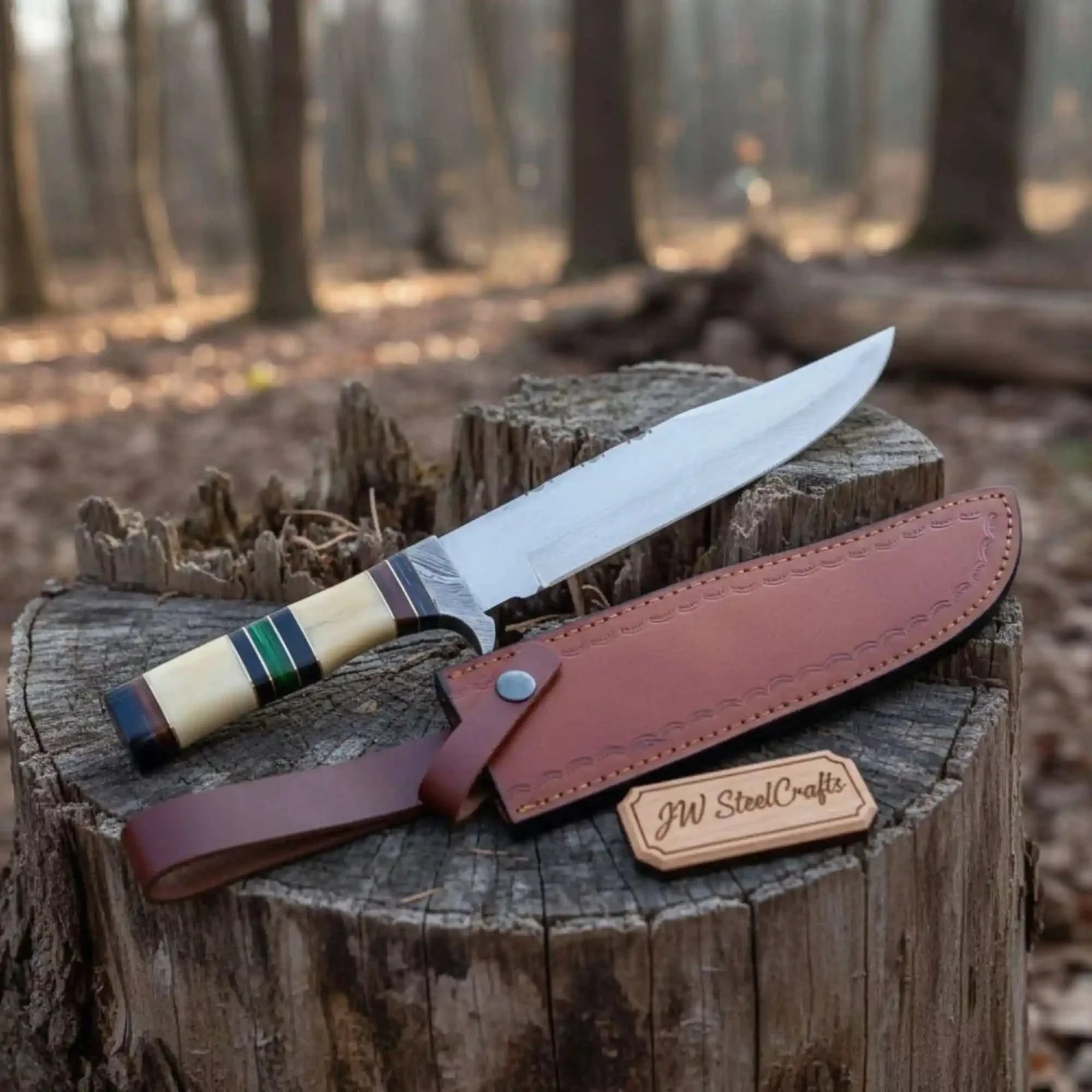 Frontier Jim Bowie Knife with 9 Inch Damascus Clip Point by JW SteelCrafts, Damascus knife main product photo